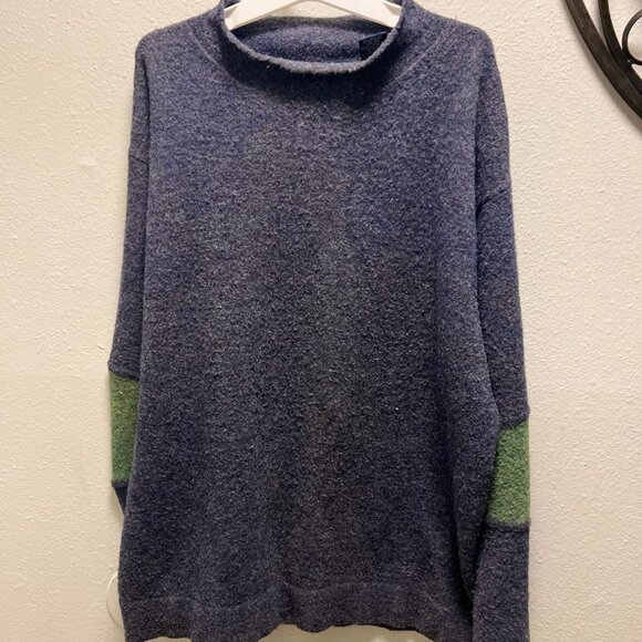 French Connection Blue Wool Blend Sweater With Green Sleeve Detail XL - Picture 1 of 10